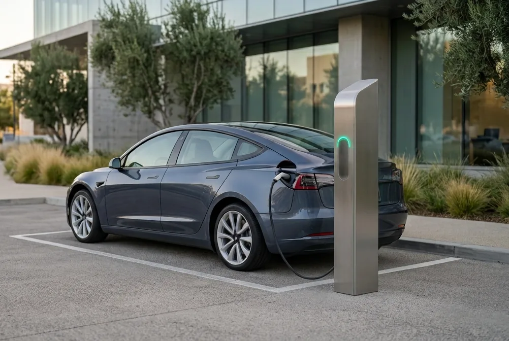 Dunkelgraues Elektroauto lädt an einer Ladesäule vor einem modernen Bürogebäude
